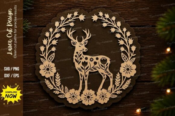 Deer Floral Wreath Laser Cut Design for Creative Projects