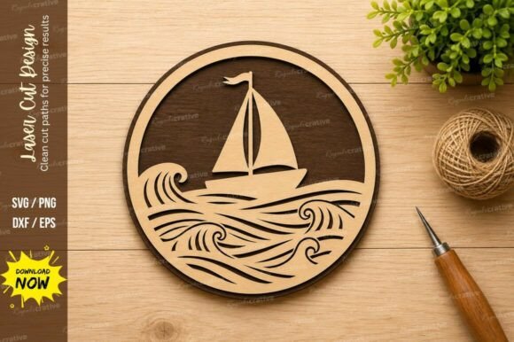 Ocean Sailboat Circle Laser Cut SVG